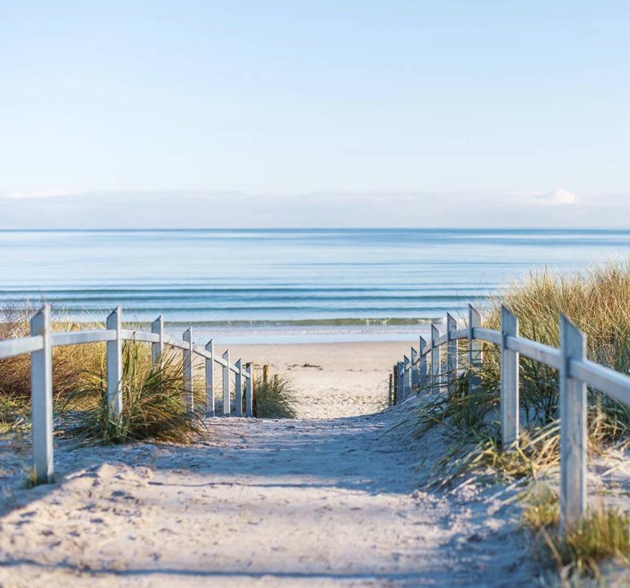 Beach path to the sea, lined with grass and railings.